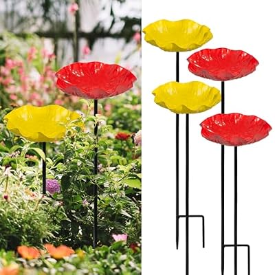 Xzunk 4 PCS Flower Bird Baths for Outdoors Hummingbird Bird Bath for Outside Small Bird Bath with Metal Stake for Bird Lovers Garden Decoration (Red & Yellow)