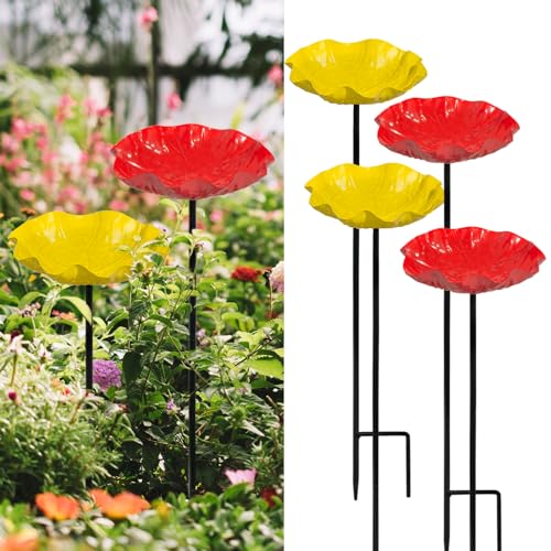 Xzunk 4 PCS Metal Bird Baths for Outdoors Small Garden Bird Bath & Bird Feeders with Metal Stake Hummingbird Feeder for Outside Lawn Yard Garden Decor