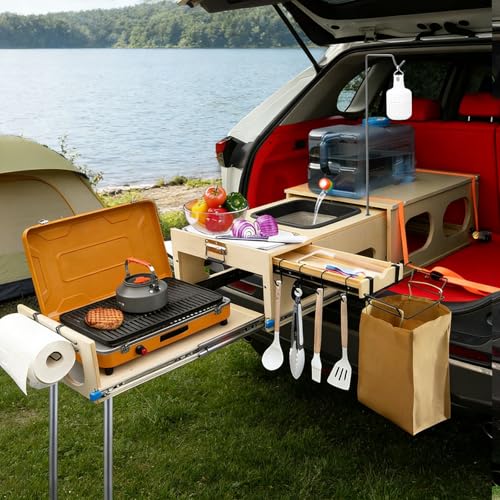 JAGAHAHA Wooden Overland Camping Slide-Out Kitchen with Drawer Left Side for SUV/Storage Space for 2 Burners Stove Folding Design