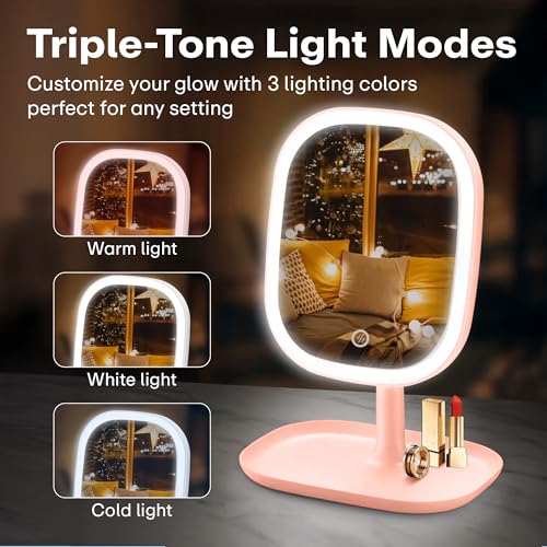 Image of Prime Pick Beauty Pro Makeup Mirror LED Light 360 Degree Rotating Vanity Mirror Lightweight Portable Tabletop Travel Mirror for Home Multipurpose Use Pink Pack of 1