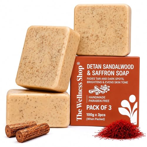 Image of The Wellness Shop Sandalwood Saffron Detan Soap | Dark Spot, Tan Removal Skin Brightening, Exfoliating Soap | Chandan Kesar Handmade Bathing Bar | Paraben Free | Face Body Soap for Men Women| Pack of 3