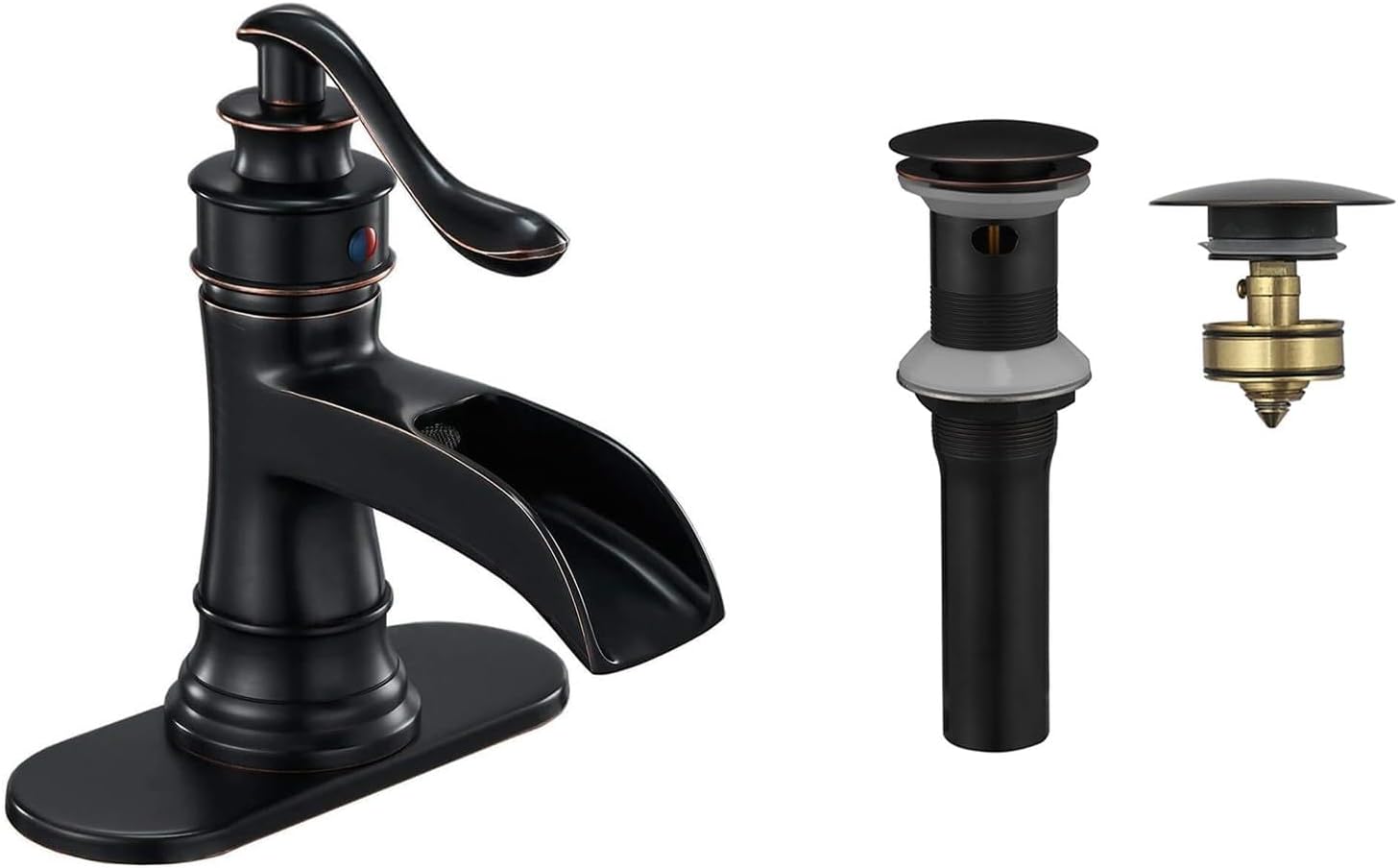 Homevacious Oil Rubbed Bronze Bathroom Faucet Waterfall Sink Basin Single Handle Bath Lavatory Farmhouse Faucets Bundle with Bronze Bathroom Sink Drain Pop up Drain with Overflow