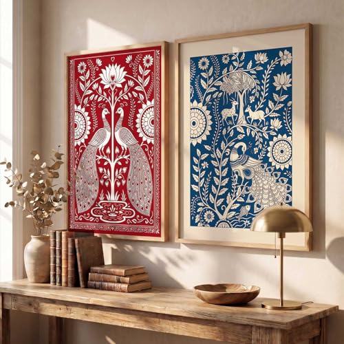 Image of kotart Decorative Traditional Wall Art Home Decor Madhubani Painting poster With Frame For Living Room Bed Room Hotel Wall Decor Digital Reprint Set of 2 (10X13 INCH)