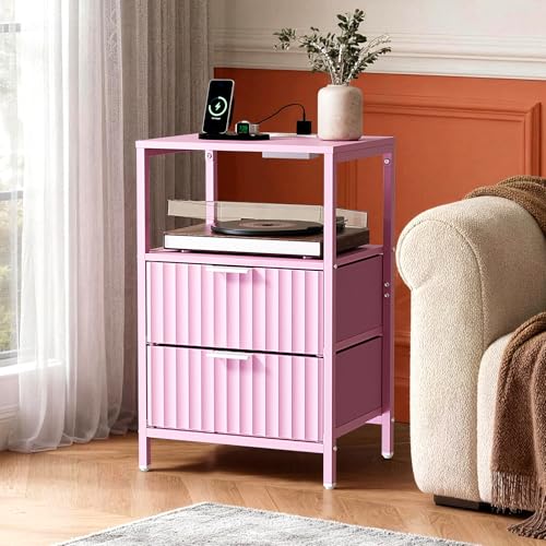 Image of VINGLI Night Stand Set 2 with Fabric Drawers, Pink Nightstands with Charging Station, Fluted Nightstand Pink Bedside Table /Side Table for Bedroom, Night Stand Small with Charging Station for Kids Room