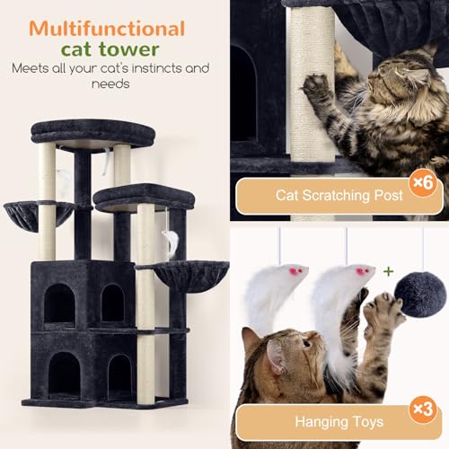Image of Globlazer Cat Tree Tower for Indoor Cats, Sturdy Adult Cat Tree House for Large Adult Cats with 2 Platform, 6 Cat Scratching Post, 2 Cat Caves, Dangling Toys, S63, 63 inch, Dark Grey