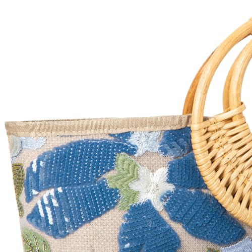 Image of Rattan Wood Handle Sequin Embroidered Floral Beach Bag Tote for Vacation and Wedding Party