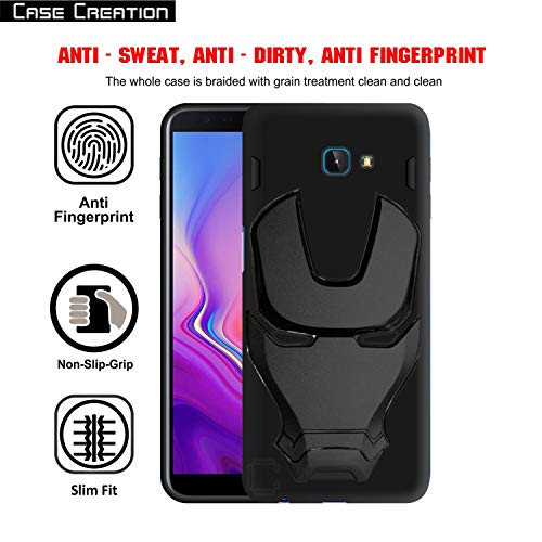 Image of Official 3D Touch Feel Trending Real Hero Avenger Logo Mask Soft Rugged Grip Iron Man Super Power Cartoon Movie Silicone Matte Strong Back Cover for Samsung Galaxy J4 Plus 2018 -Black