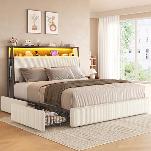 Upholstered Queen LED Bed Frame with 2 Storage Drawers and Charging Station, Corduroy Platform Bed with 3-Tier Storage Bookcase Headboard, Heavy Duty Metal Support, No Box Spring Needed – Beige
