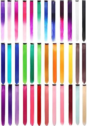 36PCS Colored Clip in Hair Extensions 22" Colorful Hair Extensions for Kids Rainbow Hair Extension Colorful Hair Extensions Multi-Colors Party Highlights Synthetic Hairpieces (36 Colors Set)