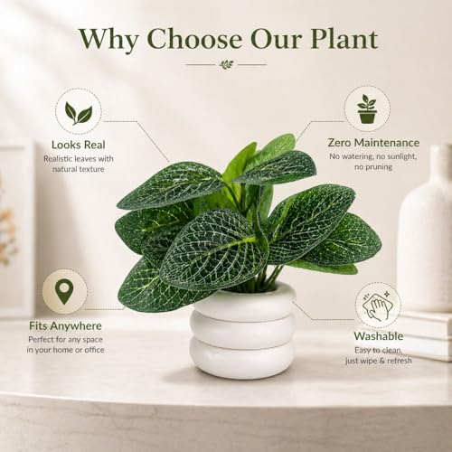 Image of Set of 2 Artificial Plants with Ceramic Pots for Home Decor - Faux Greenery Decor for Small Spaces, Bathroom, Table Top - Realistic Plastic Mini Plants for Gifting & Office Decoration