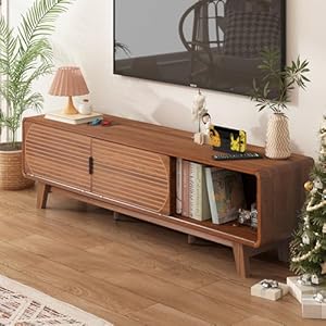 Mid Century Modern TV Stand for 55/60/65 Inch TV, 63″ TV Console Table with Fluted Sliding Doors, Entertainment Center and Media Console Cabinet with Storage for Living Room (Walnut)