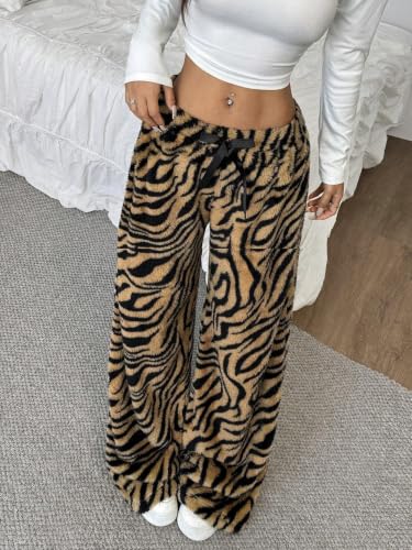 Image of ZAFUL Women's Fuzzy Plush Pajama Pants Wide Leg Pj Bottoms Lounge Pants | Soft Fluffy Sleep Pants Drawstring Elastic Waist Teddy Pjs for Women No Pockets
