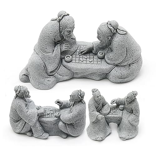 Hoypeyfiy 3Pcs Playing Chess Old Man Statue,Garden Figurines Set,Zen Garden Accessories,Outdoor...
