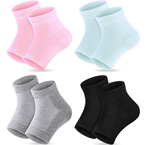 Bememo Soft Gel Heel Socks Ventilate Open Toe Socks 4 Pairs for Dry Hard Cracked Skin Moisturizing Day Night Care Skin (Pink, Turquoise, Grey and Black)