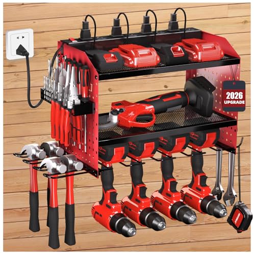 Power Tool Organizer with Charging Station, Heavy Duty Modular Wall Mount Rack for Garage & Shed Organization, 4 Drill Holders, Fathers Day Anniversary Birthday Gifts for Men Dad Him Husband(Red)
