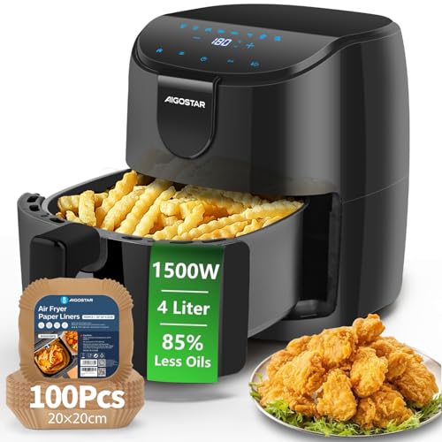 Aigostar Freidora de aire 4L Con Papel Freidora Aire 100 Unidades, 8 programas, Temporizador de 60 minutos, pantalla LED táctil, precalentamiento rápido, Recordatorio de agitación, Libre BPA, 1500W