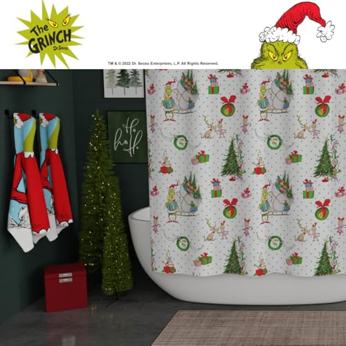 Image of Grinch Wrapping Paper Holiday Christmas 13-Piece Shower Curtain Set, 72 x 72 Inch Fabric Curtain with Hooks, Bathroom Decor, Machine Washable, (100% Officially Licensed Product) by Franco Collectibles