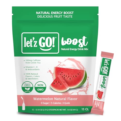 Image of Let'z Go Clean Energy Drink Mix - Natural Caffeine Packets, Vitamins C + D, Electrolytes, Sugar-Free, Zero Calories | Anytime Energy | 15 Count (Watermelon)