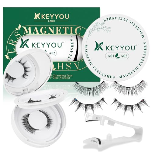 KEYYOU Daily Wear Reusable Magnetic Eyelashes No Glue Needed 2 Pairs with Applicator Easy to Apply & Long Lasting for Daily Use & Events D Natural Magnetic Lashes (A01+A02)