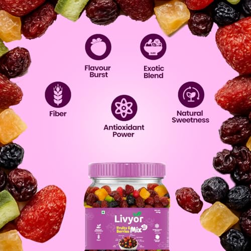 Image of Livyor 7 in 1 Dried Fruits and Berry Mix for eating - 400g | Good Source of Fibre | Dried Cranberries | Pineapple | Pamelo | Papaya | Blueberries | Strawberries | Mango | Fruits & Berry Blast | Berries dry fruits | Berries fresh | Pack of 1