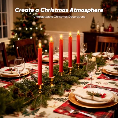 Image of Homemory 6 Pcs Real Wax Made Flameless Taper Candles with Remote and Timer, Red Battery Operated Candlesticks Flickering, 9.6 inch Led Taper Candles with Lifelike Flame for Xmas Home Date Decor