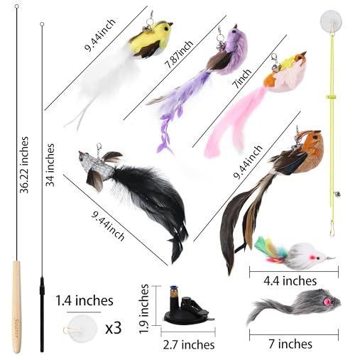 Soarer 3-in-1 Flying Bird Cat Toys - 7Pcs Wooden Cats Wand Toy Fishing Pole Cat Bird Toys Replacements,Interactive Enhanced Suction Cup and Door Hanging Cat String Toys for Indoor Kitten by Soarer - Image 7