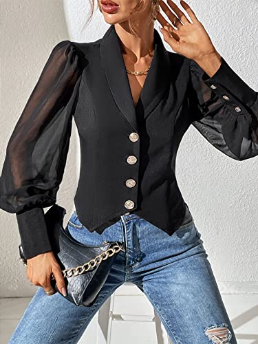 WDIRARA Women's Mesh Sheer Bishop Sleeve Shawl Collar Button Front Casual Jacket Blazer3
