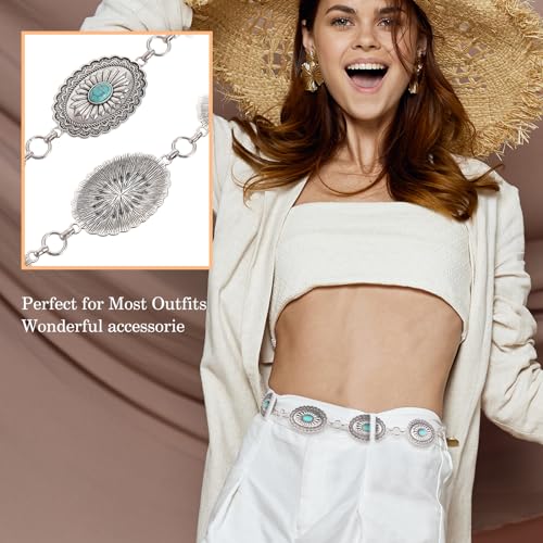 Western Metal Turquoise Chain Belt for Women, Boho Waist Chain Cowgirl Belts Adjustable Country Belts for Jeans Dresses3