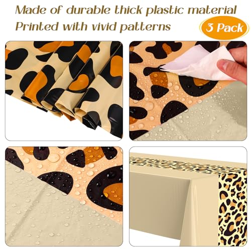 Image of Buryeah Leopard Print Tablecloth 54 x 108'' Leopard Plastic Table Cover Disposable Safari Animal Cheetah Print Party Decorations for Baby Shower Wedding Birthday Party Favors (Khaki,3 Pcs)