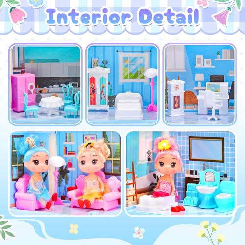 Image of AmiDear Dollhouse with 4-Story 11 Rooms, Dream Gift Princess Doll House Playset with Furniture, Blue Toddler House with Pool Slide for 3 4 5 6 7 8 9 10 Year Old Girls Kids