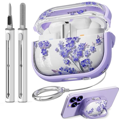 Inesore with Safety Lock for Samsung Galaxy Bud Pro 3 Case/Galaxy Buds 3 Caseswith Cleaner Kit and Keychain, Cute Floral Buds Pro 3 Case Cover forWomen Girly- Purple Bell Flower