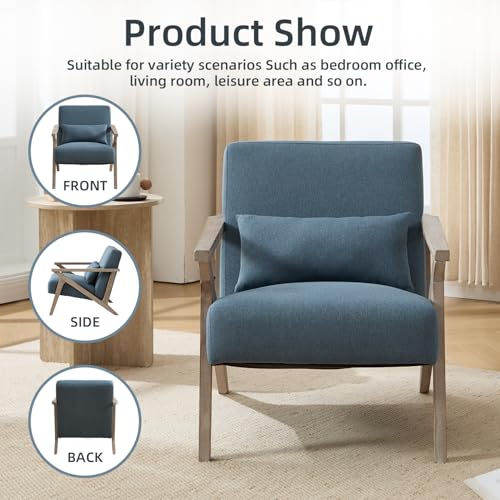 Sillón con estructura de madera y tapizado azul miniatura 6