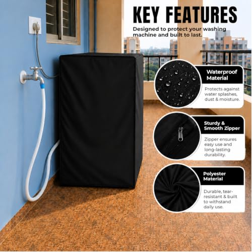 Image of Zerfa Waterproof, Dust-Proof, Sun-Proof Front Load Fully Automatic Washing Machine Cover Fit and Suitable for All Brands Universal Cover - Black (Dimensions: 59 x 59 x 86 cm)