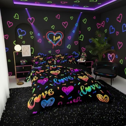 Image of QOOMO Colorful Love Kids Bedding Set, Love Heart Print Comforter Set for Boys Girls Teen Room Decorat, Black Soft Lightweight Bed Set All Season Full Size, 1 Comforter Set 2 Pillowcases