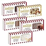 Surtido Turrones Lacasa: 5 tabletas de turrón variadas: Chocolate y almendra, Arroz con leche, Chocolate blanco con tequi mango, Chocolate y arándano