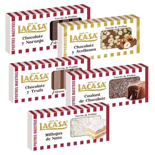Surtido Turrones Lacasa: 5 tabletas de turrón variadas: Chocolate y avellana, Chocolate y trufa, Chocolate y naranja, Coulant de chocolate y Milhojas