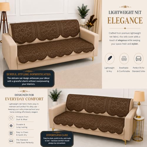 Image of Homerz Premium 'Surya Series' Sofa Cover | Stylish Sofa Protector | Net Fabric | Anti-Stain & Washable Slip Cover Exact Size Antislip (Flower Valley Brown, 6 (3+2+1) Seater, Seat Cover with Backrest)