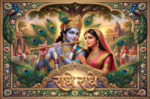 Image of Rangoli Radha Krishna Self Adhesive Poster 18x12 Inch | Radhe Radhe Hindu God Wall Sticker Poster with Peacock Design for Home Temple Pooja Room Living Room Decor