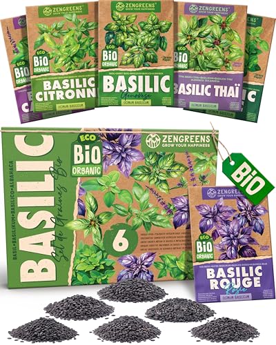 ZenGreens® - Kit de graines de basilic bio - 6 variétés pour une culture facile dans le jardin, sur le balcon ou dans une jardinière surélevée - Semences légumes