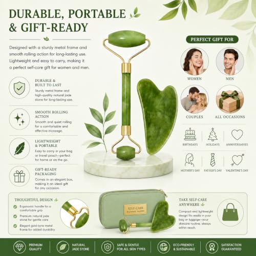 Image of ANTIL'S Jade Roller and Gua Sha Stone Set - Face Massage Roller for Skin Tightening, Puffiness Reduction & Wrinkle Care | Improves Elasticity | Beauty Tool for Women & Men