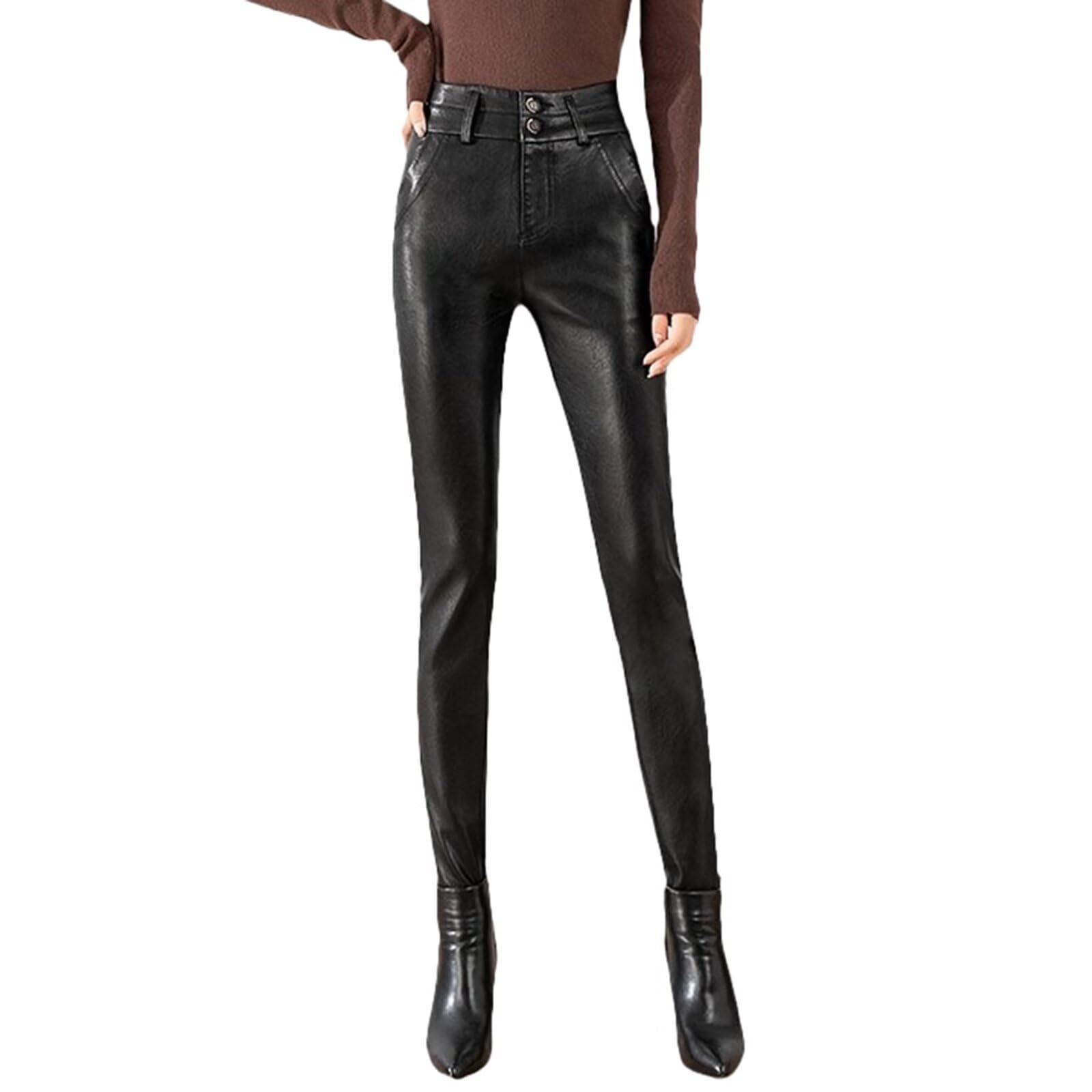 HNVAVQ Pantalones Cuero Mujer Slim Fit Cintura Alta Pantalón Skinny con Bolsillos