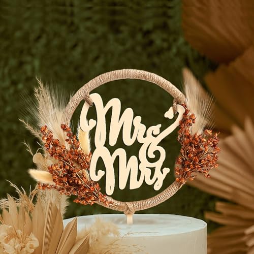 Fiwochic Mr and Mrs Fall Wedding Cake Topper Autumn Rustic Natural Cake Topper Western Boho Wood Decor with Pampas Grass for Fall Wedding Supplies
