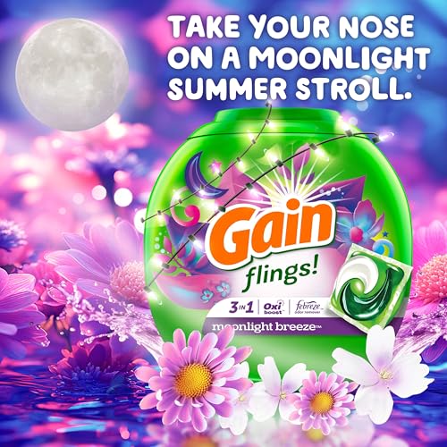 Image of Gain Flings Laundry Detergent Pacs, Moonlight Breeze Scent, with Odor Defense, concentrated laundry soap pacs, 102 Count (Pack of 4)