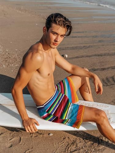 Mens Swim Trunks with Compression Liner,Colorful Mexican Stripes Men's Inseam Board Shorts Quick Dry Bathing Suit for Men3