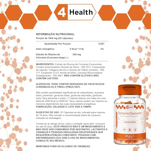 Curcuma Turmeric 500mg 60 capsulas - 4 Health - Kit 2 POTES