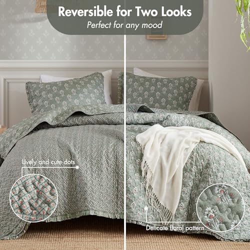 Image of Madison Park Vintage Floral Quilt Set, 3PC King /Cal King Reversible Bed Set | Lightweight Bedspread Set with 2 Shams, Traditional Block Print Coverlets with Ruffled Edge, Sage Green