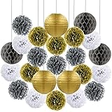 El paquete incluye: 3 linternas de papel dorado de 20 cm, 6 flores de papel doradas de 20 cm, 6 flores de papel plateadas de 20 cm, 6 flores de papel blanco de 20 cm, 3 bolas de nido de abeja negras de 20 cm, 2 cintas
