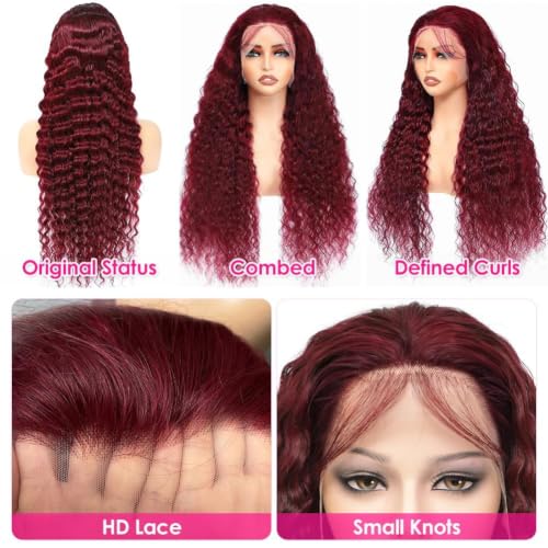 Image of Pizazz 99J Burgundy Deep Wave Lace Front Wigs Human Hair Pre Plucked