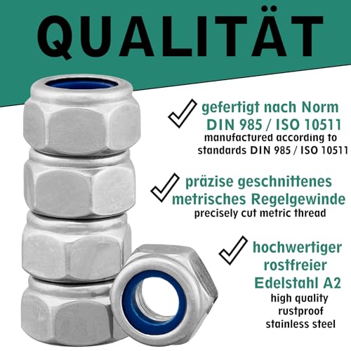 Sicherungsmutter Sechskantmutter DIN 985/ISO 10511 Standard Form Edelstahl A2 V2A, Stoppmutter selbstsichernde Mutter Edelstahlmutter Sechskant Schraubenmutter (M5, 10 Stück)