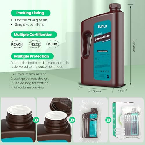 Image of SUNLU 3D Printer Resin 4kg, Fast Curing Standard 3D Resin for Most Resin 3D Printers, 395 to 405nm UV Curing 3D Printing Liquid Photopolymer Resin, Low Shrinkage and High Precision, 4000g, Grey